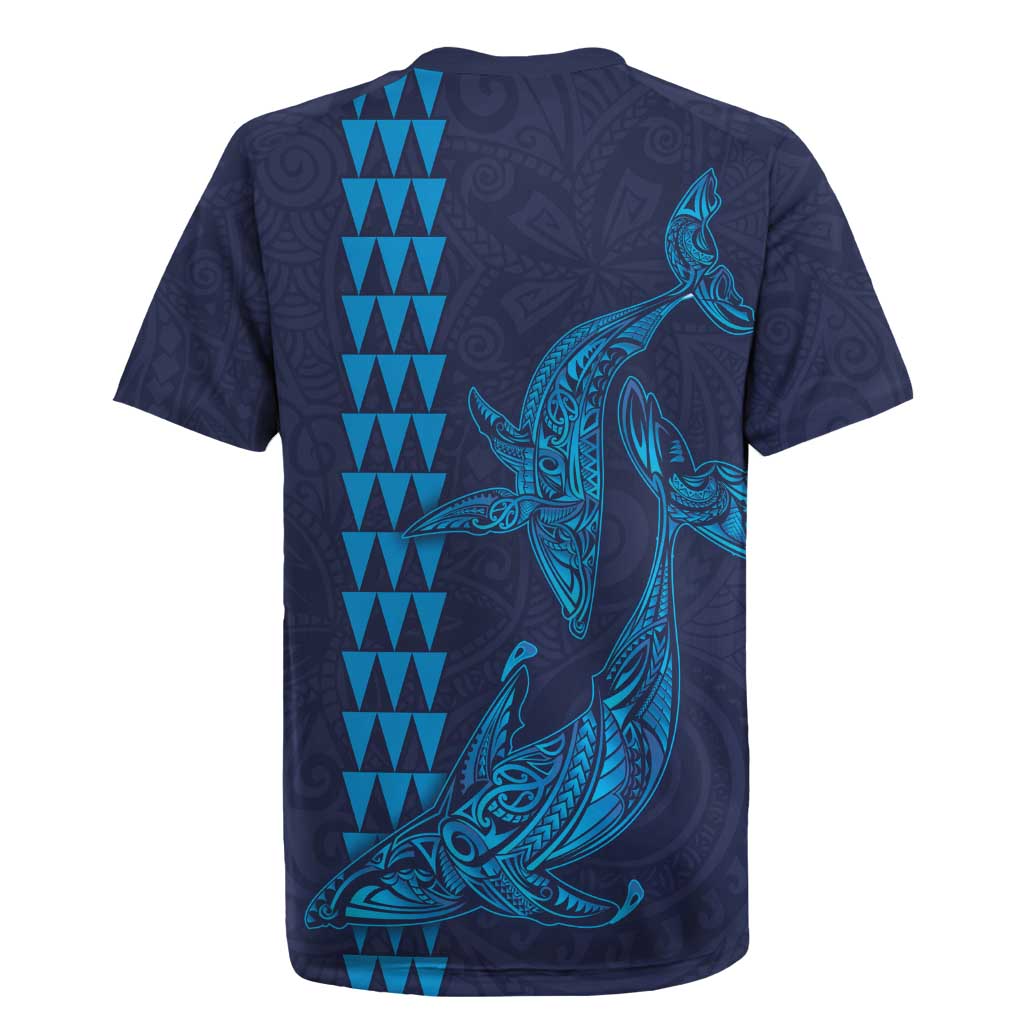 Aloha Hawaii Whale Kakau and Polynesian Tattoo Rugby Jersey Dark Navy Color