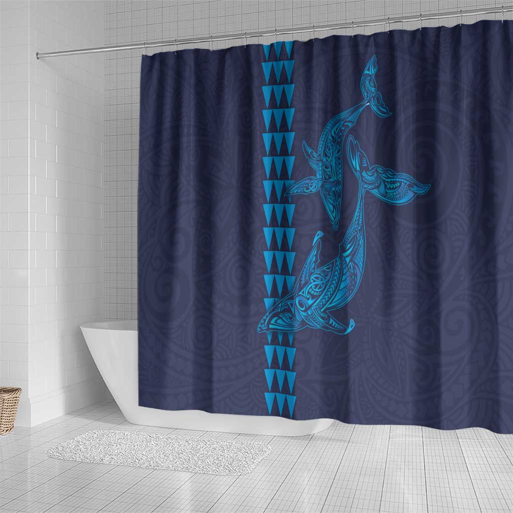 Aloha Hawaii Whale Kakau and Polynesian Tattoo Shower Curtain Dark Navy Color