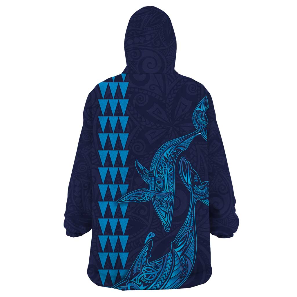 Aloha Hawaii Whale Kakau and Polynesian Tattoo Wearable Blanket Hoodie Dark Navy Color