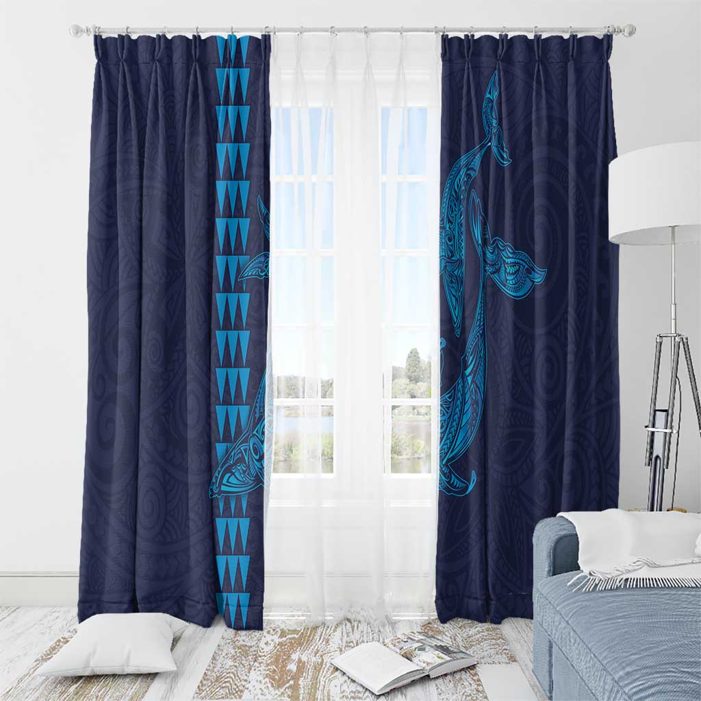 Aloha Hawaii Whale Kakau and Polynesian Tattoo Window Curtain Dark Navy Color