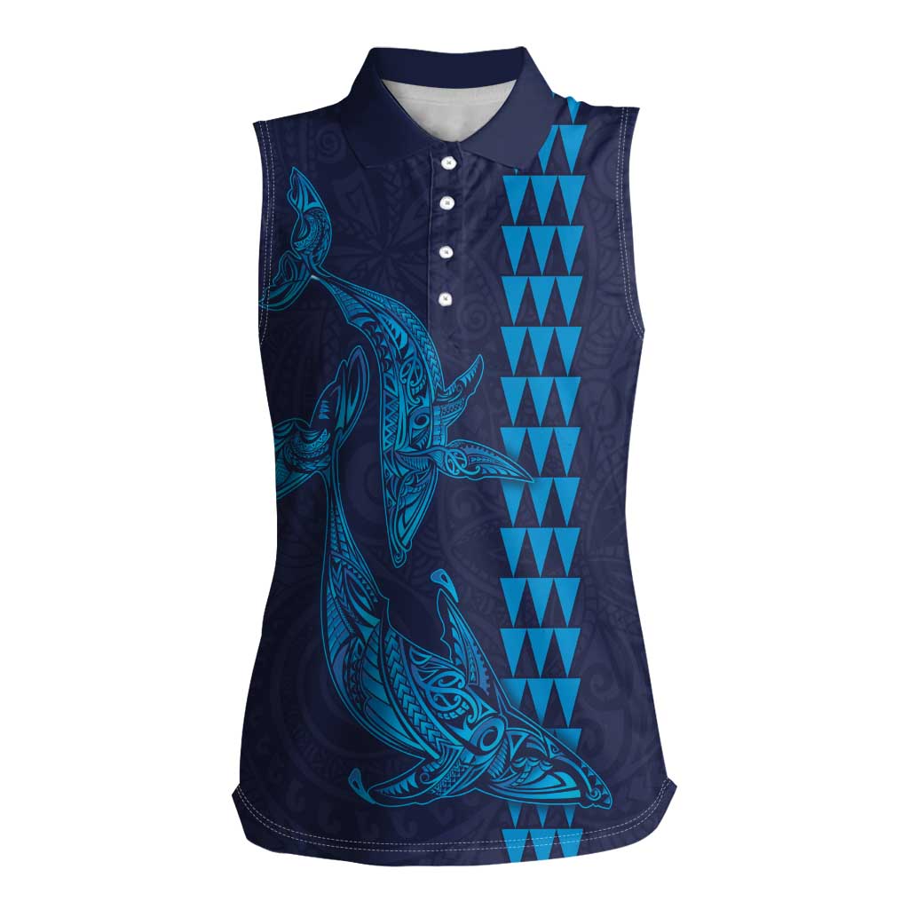 Aloha Hawaii Whale Kakau and Polynesian Tattoo Women Sleeveless Polo Shirt Dark Navy Color LT03 Female Dark Navy - Polynesian Pride