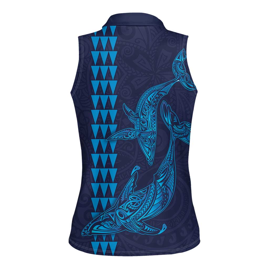 Aloha Hawaii Whale Kakau and Polynesian Tattoo Women Sleeveless Polo Shirt Dark Navy Color LT03 - Polynesian Pride