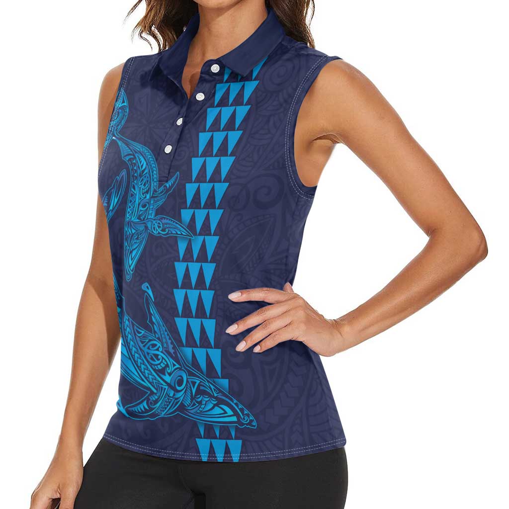 Aloha Hawaii Whale Kakau and Polynesian Tattoo Women Sleeveless Polo Shirt Dark Navy Color LT03 - Polynesian Pride