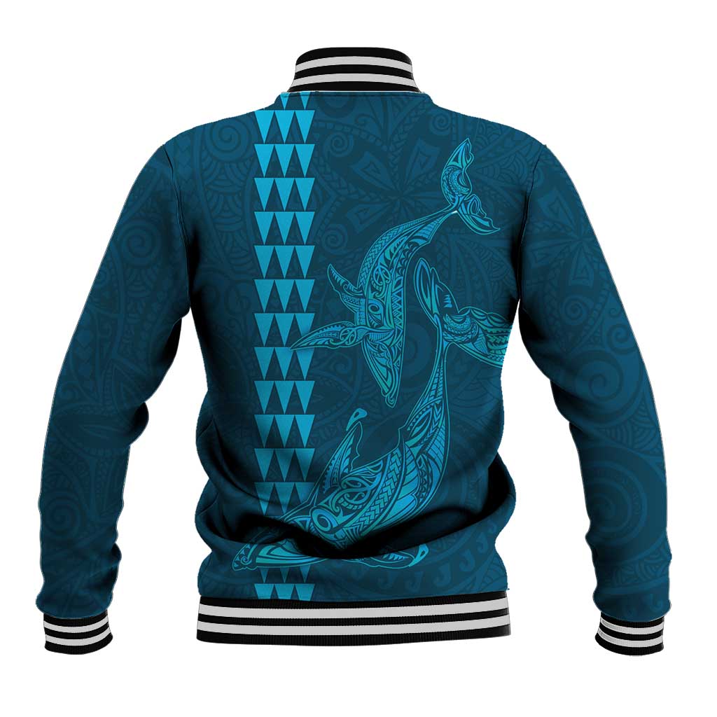 Aloha Hawaii Whale Kakau and Polynesian Tattoo Baseball Jacket Light Blue Color