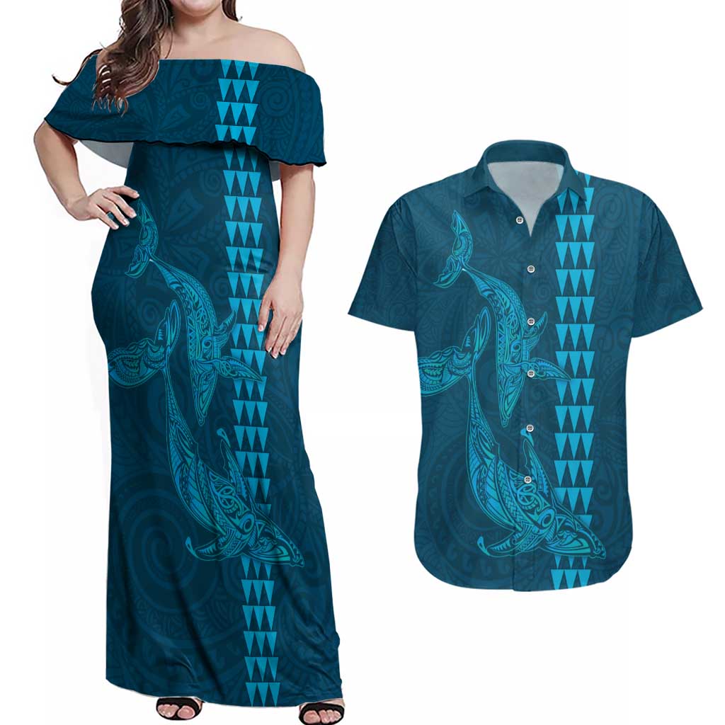 Aloha Hawaii Whale Kakau and Polynesian Tattoo Couples Matching Off Shoulder Maxi Dress and Hawaiian Shirt Light Blue Color