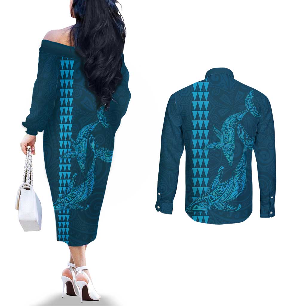 Aloha Hawaii Whale Kakau and Polynesian Tattoo Couples Matching Off The Shoulder Long Sleeve Dress and Long Sleeve Button Shirt Light Blue Color