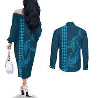 Aloha Hawaii Whale Kakau and Polynesian Tattoo Couples Matching Off The Shoulder Long Sleeve Dress and Long Sleeve Button Shirt Light Blue Color