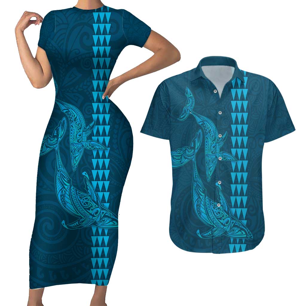 Aloha Hawaii Whale Kakau and Polynesian Tattoo Couples Matching Short Sleeve Bodycon Dress and Hawaiian Shirt Light Blue Color