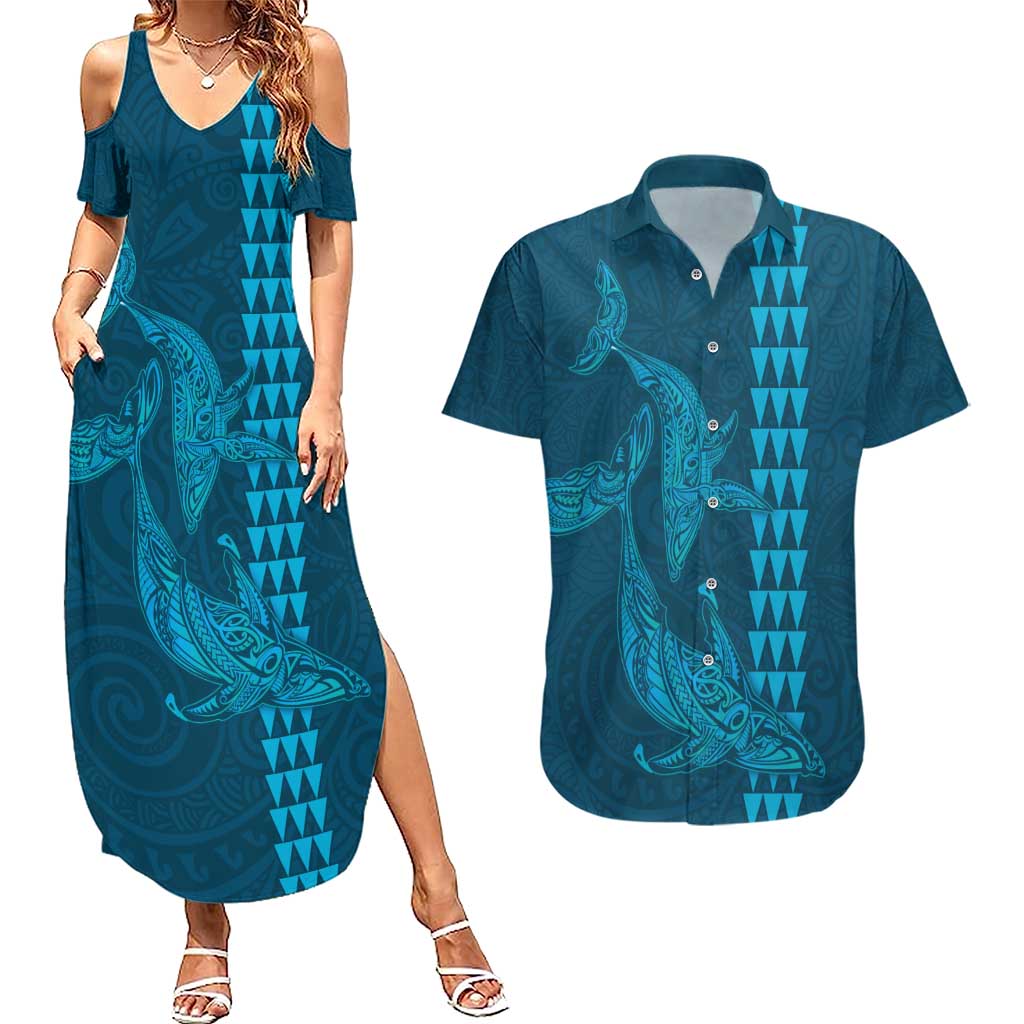 Aloha Hawaii Whale Kakau and Polynesian Tattoo Couples Matching Summer Maxi Dress and Hawaiian Shirt Light Blue Color