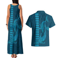 Aloha Hawaii Whale Kakau and Polynesian Tattoo Couples Matching Tank Maxi Dress and Hawaiian Shirt Light Blue Color