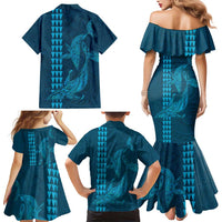 Aloha Hawaii Whale Kakau and Polynesian Tattoo Family Matching Mermaid Dress and Hawaiian Shirt Light Blue Color