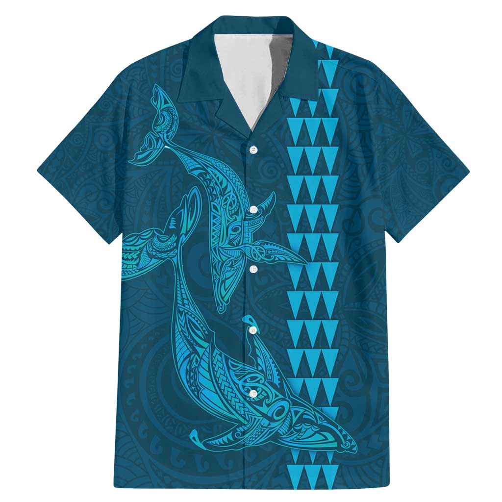 Aloha Hawaii Whale Kakau and Polynesian Tattoo Family Matching Mermaid Dress and Hawaiian Shirt Light Blue Color