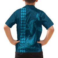 Aloha Hawaii Whale Kakau and Polynesian Tattoo Family Matching Off Shoulder Short Dress and Hawaiian Shirt Light Blue Color
