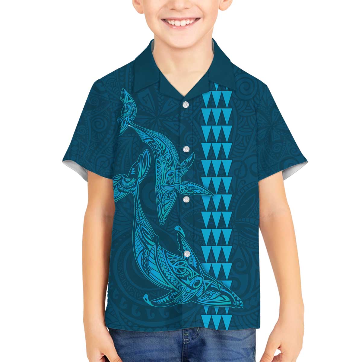 Aloha Hawaii Whale Kakau and Polynesian Tattoo Family Matching Puletasi and Hawaiian Shirt Light Blue Color LT03 Son's Shirt Light Blue - Polynesian Pride