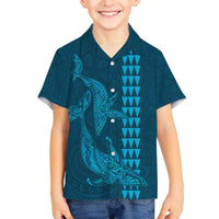 Aloha Hawaii Whale Kakau and Polynesian Tattoo Family Matching Puletasi and Hawaiian Shirt Light Blue Color LT03 Son's Shirt Light Blue - Polynesian Pride