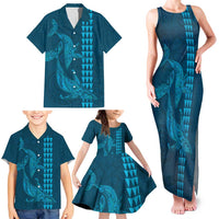 Aloha Hawaii Whale Kakau and Polynesian Tattoo Family Matching Tank Maxi Dress and Hawaiian Shirt Light Blue Color