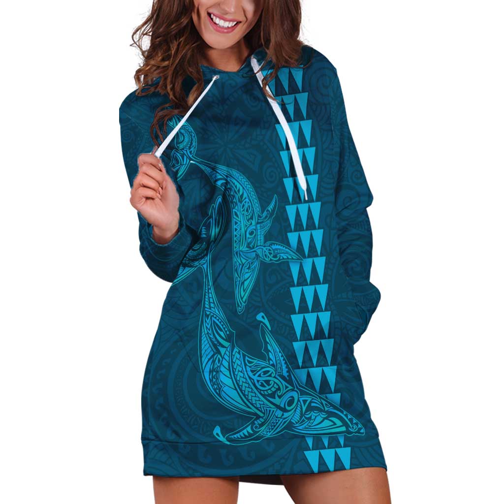 Aloha Hawaii Whale Kakau and Polynesian Tattoo Hoodie Dress Light Blue Color