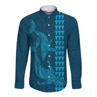 Aloha Hawaii Whale Kakau and Polynesian Tattoo Long Sleeve Button Shirt Light Blue Color