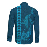 Aloha Hawaii Whale Kakau and Polynesian Tattoo Long Sleeve Button Shirt Light Blue Color