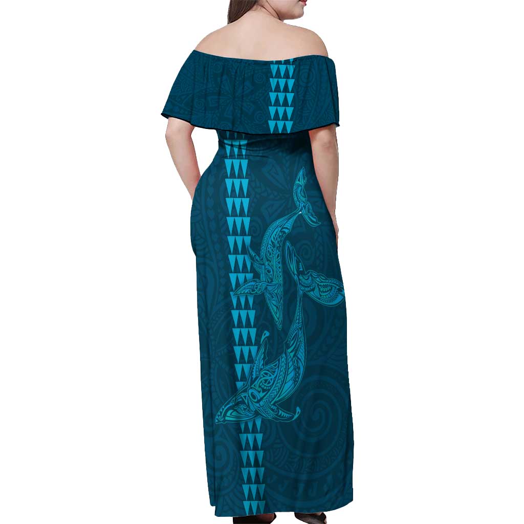 Aloha Hawaii Whale Kakau and Polynesian Tattoo Off Shoulder Maxi Dress Light Blue Color