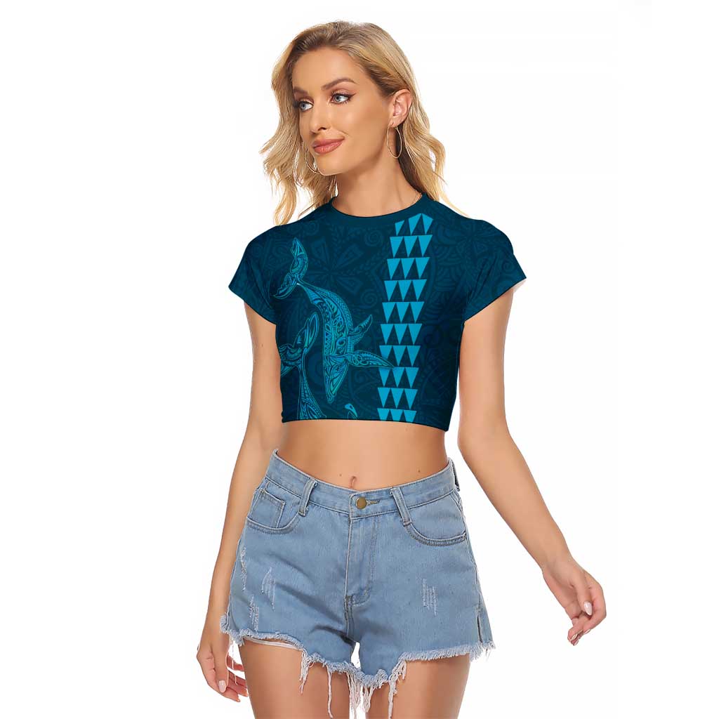 Aloha Hawaii Whale Kakau and Polynesian Tattoo Raglan Cropped T Shirt Light Blue Color