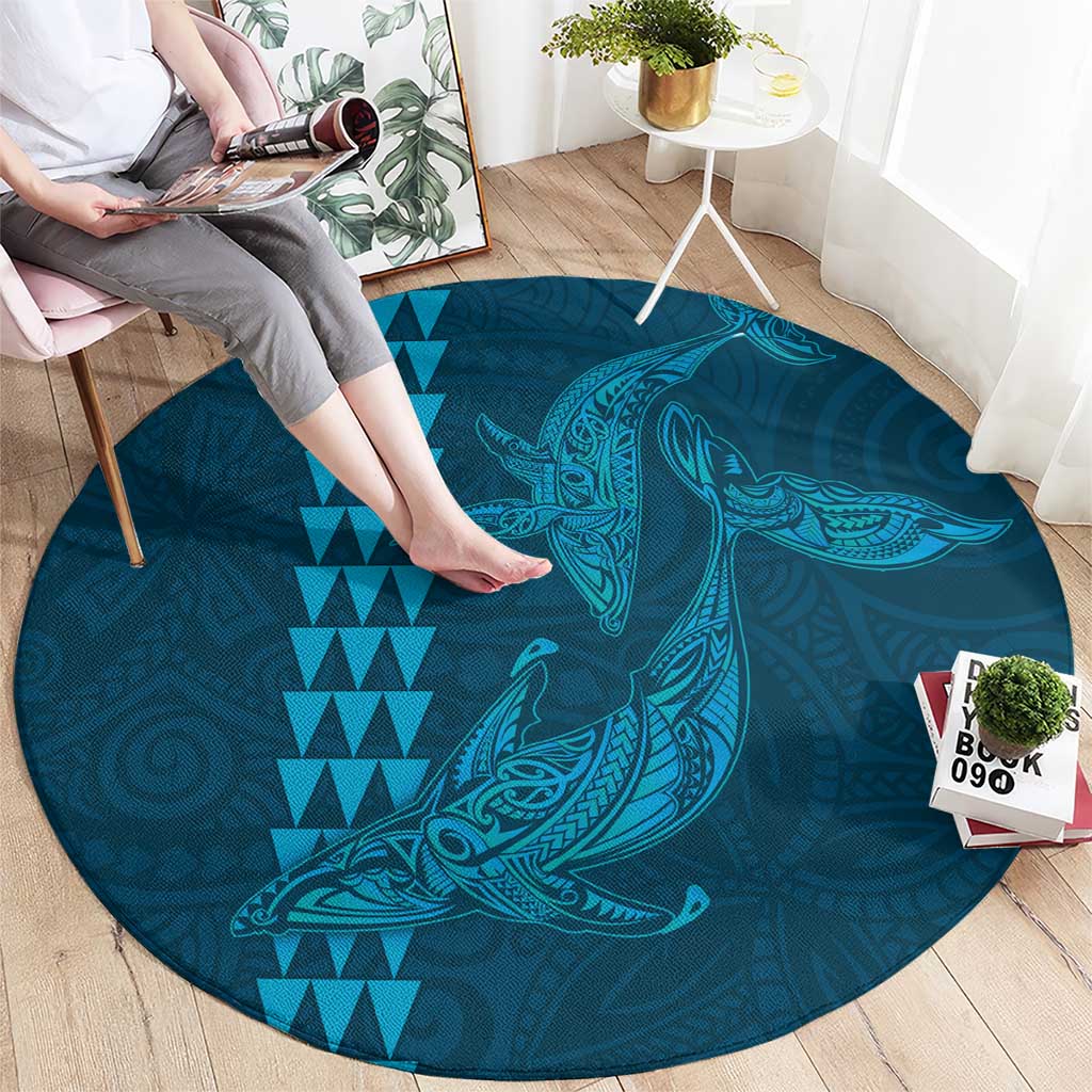 Aloha Hawaii Whale Kakau and Polynesian Tattoo Round Carpet Light Blue Color