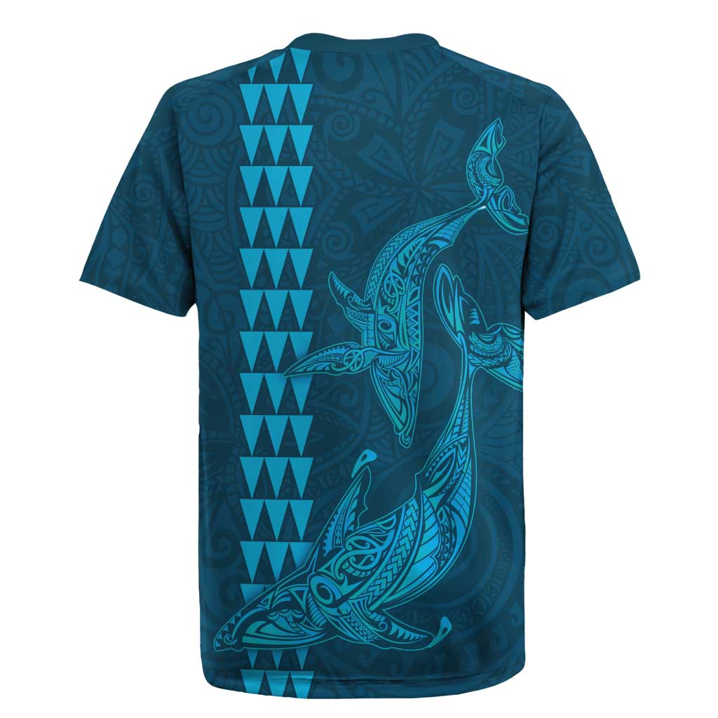 Aloha Hawaii Whale Kakau and Polynesian Tattoo Rugby Jersey Light Blue Color
