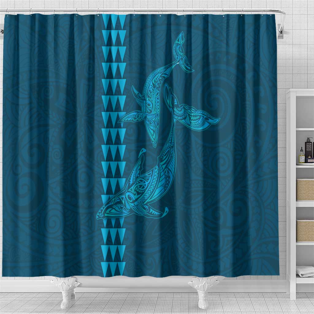 Aloha Hawaii Whale Kakau and Polynesian Tattoo Shower Curtain Light Blue Color