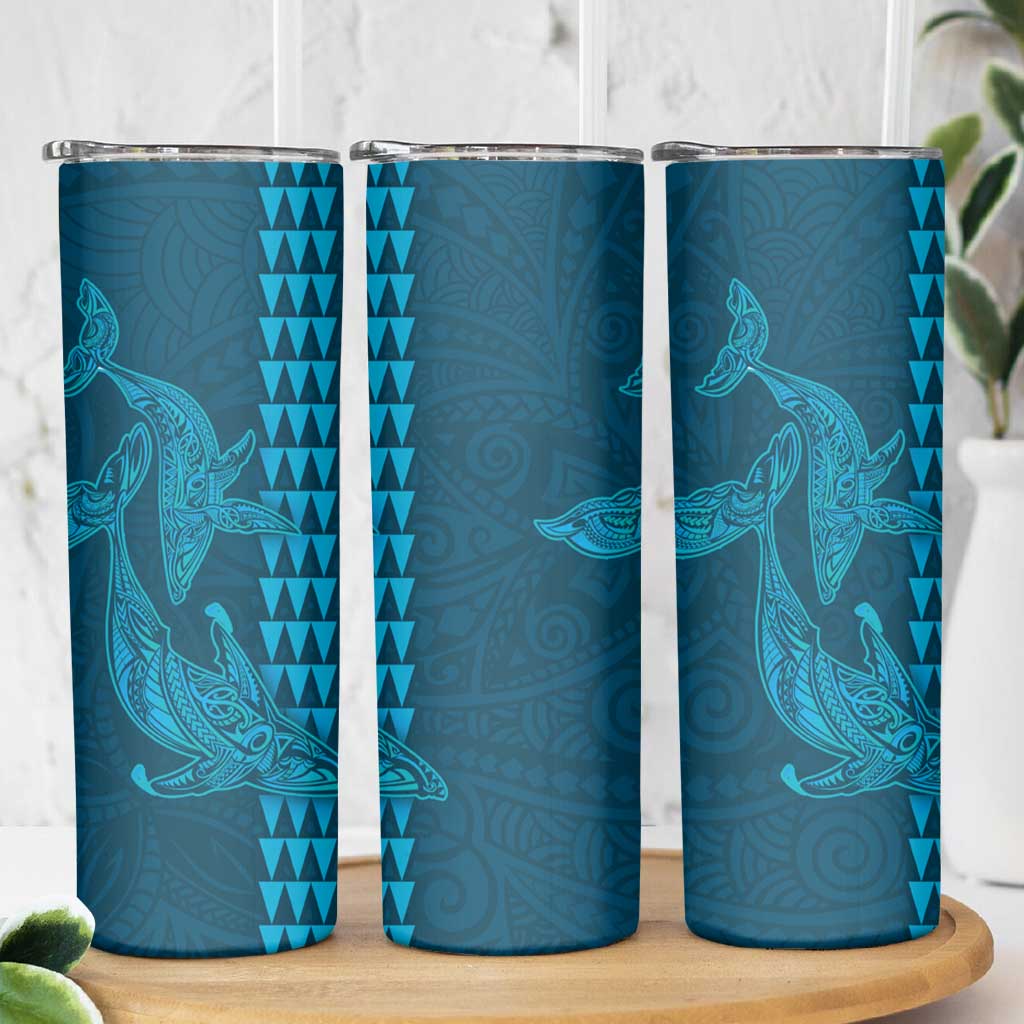 Aloha Hawaii Whale Kakau and Polynesian Tattoo Skinny Tumbler Light Blue Color