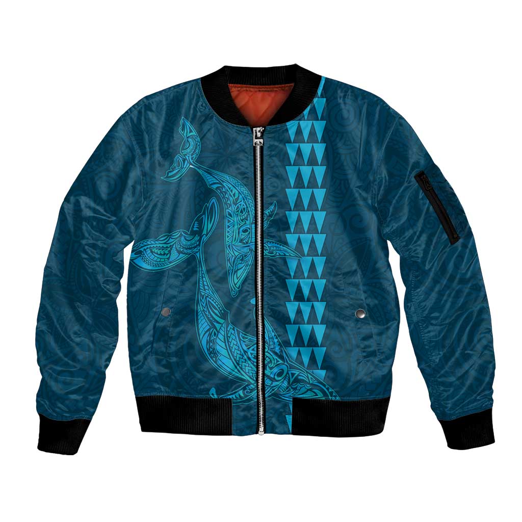 Aloha Hawaii Whale Kakau and Polynesian Tattoo Sleeve Zip Bomber Jacket Light Blue Color LT03 Unisex Light Blue - Polynesian Pride