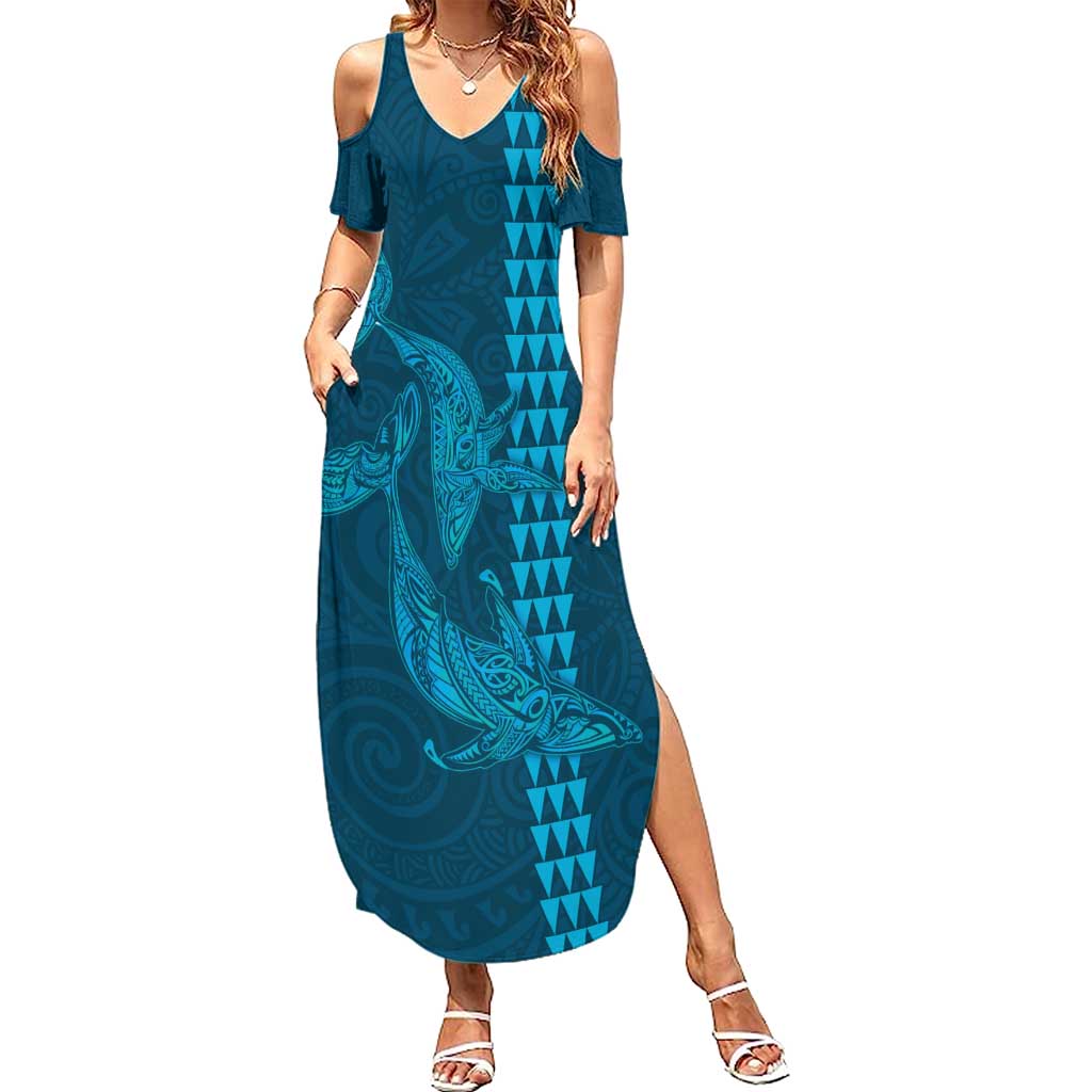 Aloha Hawaii Whale Kakau and Polynesian Tattoo Summer Maxi Dress Light Blue Color