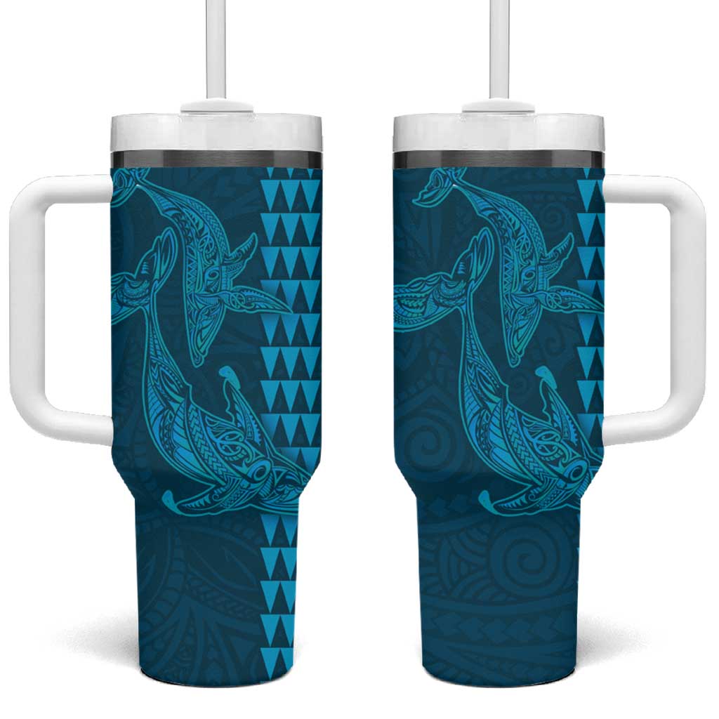 Aloha Hawaii Whale Kakau and Polynesian Tattoo Tumbler With Handle Light Blue Color