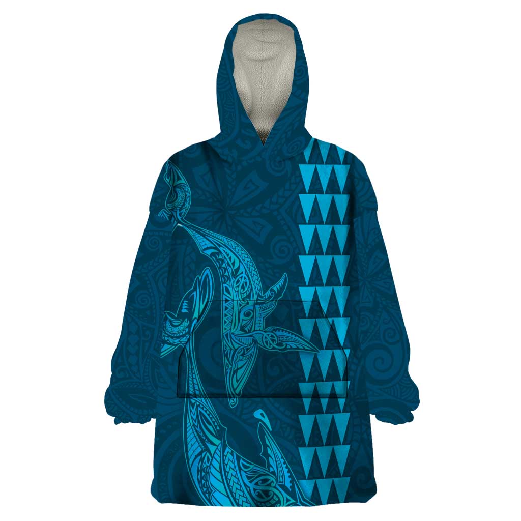 Aloha Hawaii Whale Kakau and Polynesian Tattoo Wearable Blanket Hoodie Light Blue Color