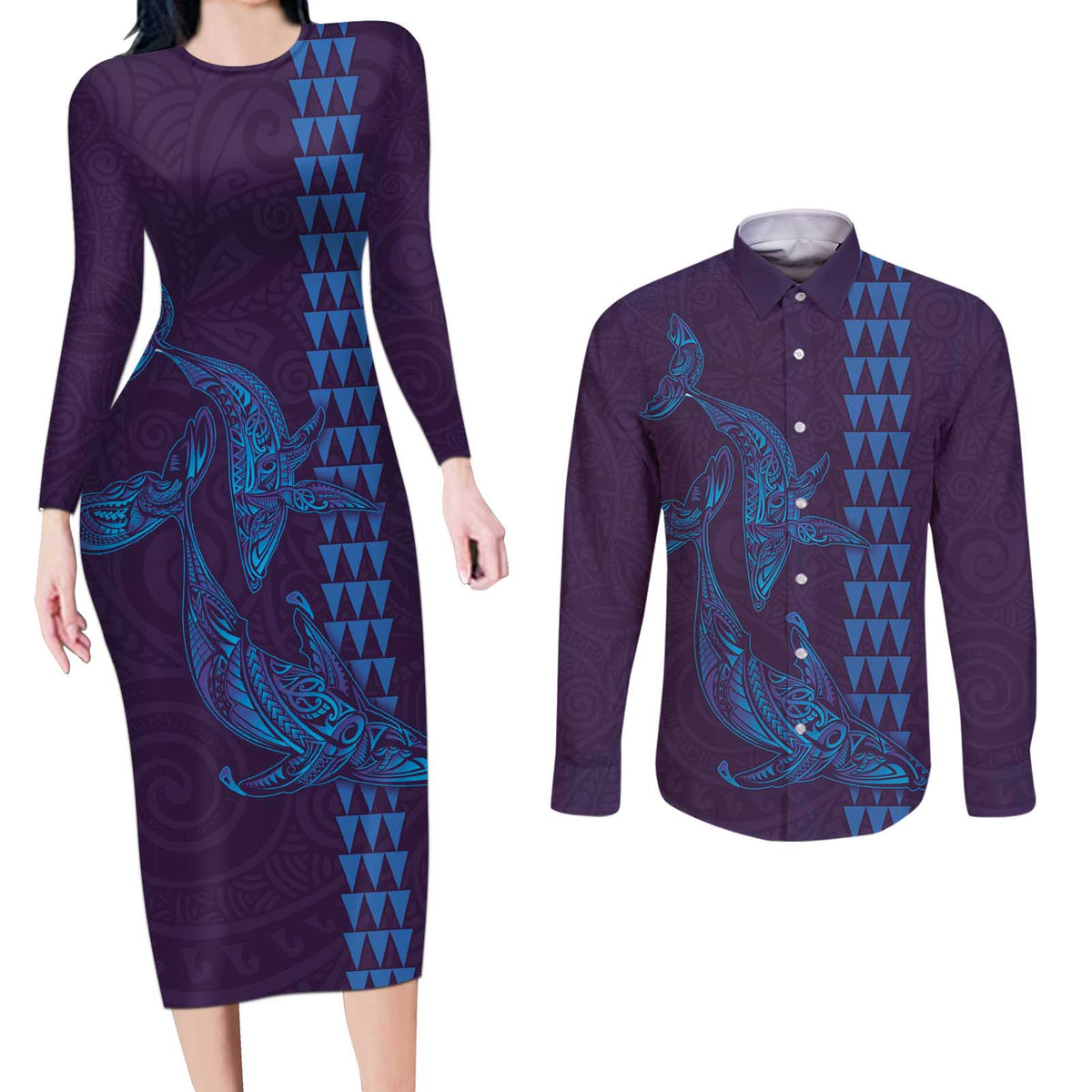 Aloha Hawaii Whale Kakau and Polynesian Tattoo Couples Matching Long Sleeve Bodycon Dress and Long Sleeve Button Shirt Purple Color