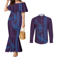 Aloha Hawaii Whale Kakau and Polynesian Tattoo Couples Matching Mermaid Dress and Long Sleeve Button Shirt Purple Color