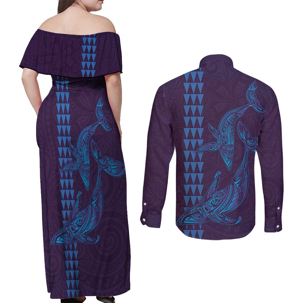 Aloha Hawaii Whale Kakau and Polynesian Tattoo Couples Matching Off Shoulder Maxi Dress and Long Sleeve Button Shirt Purple Color
