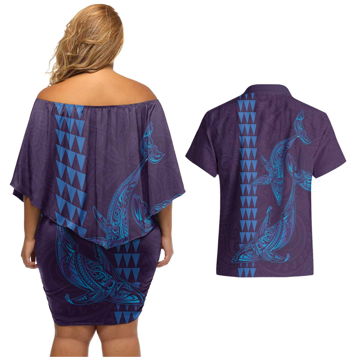 Aloha Hawaii Whale Kakau and Polynesian Tattoo Couples Matching Off Shoulder Short Dress and Hawaiian Shirt Purple Color