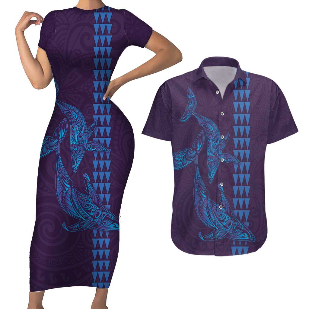 Aloha Hawaii Whale Kakau and Polynesian Tattoo Couples Matching Short Sleeve Bodycon Dress and Hawaiian Shirt Purple Color