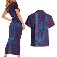 Aloha Hawaii Whale Kakau and Polynesian Tattoo Couples Matching Short Sleeve Bodycon Dress and Hawaiian Shirt Purple Color