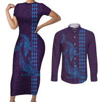 Aloha Hawaii Whale Kakau and Polynesian Tattoo Couples Matching Short Sleeve Bodycon Dress and Long Sleeve Button Shirt Purple Color