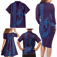 Aloha Hawaii Whale Kakau and Polynesian Tattoo Family Matching Long Sleeve Bodycon Dress and Hawaiian Shirt Purple Color