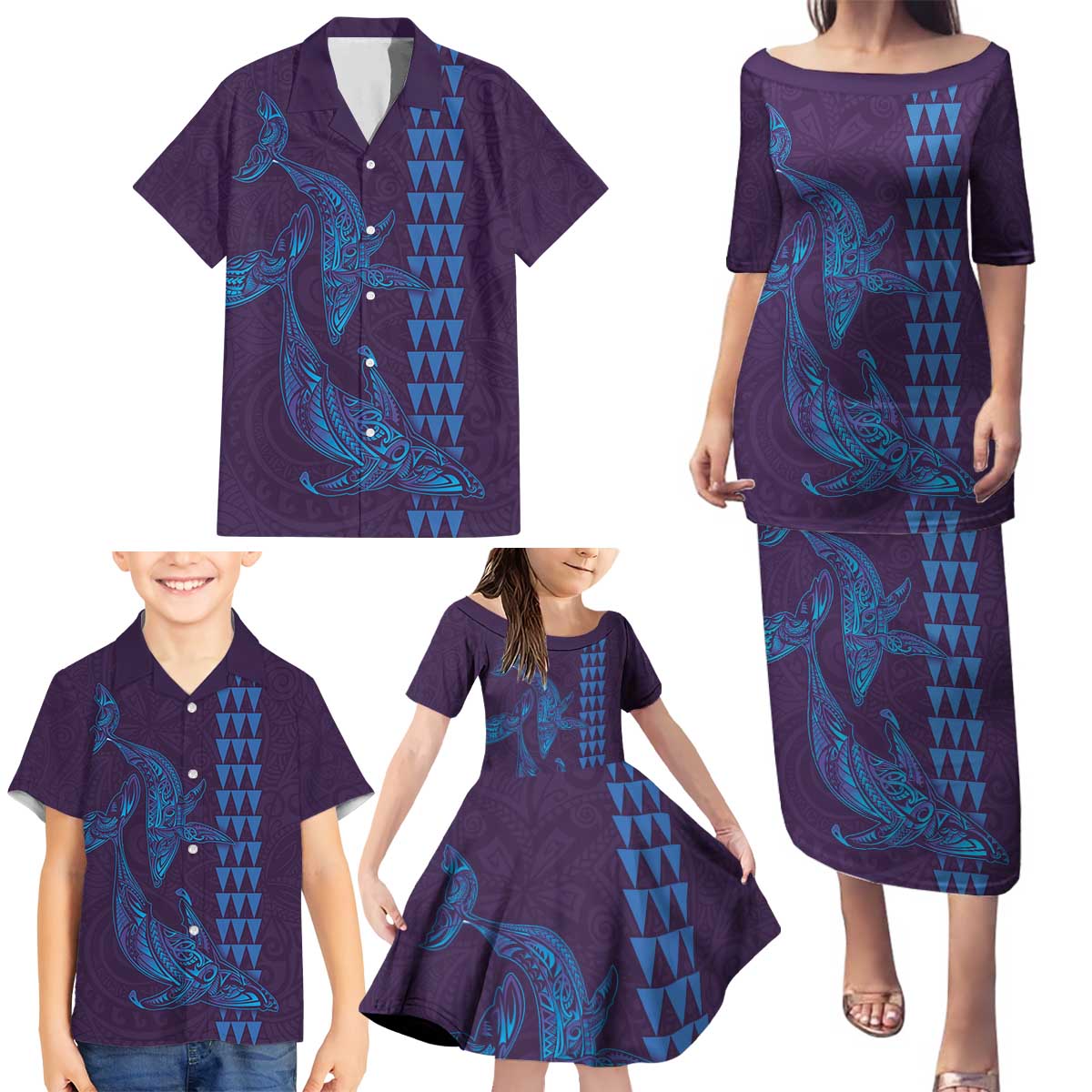 Aloha Hawaii Whale Kakau and Polynesian Tattoo Family Matching Puletasi and Hawaiian Shirt Purple Color LT03 - Polynesian Pride