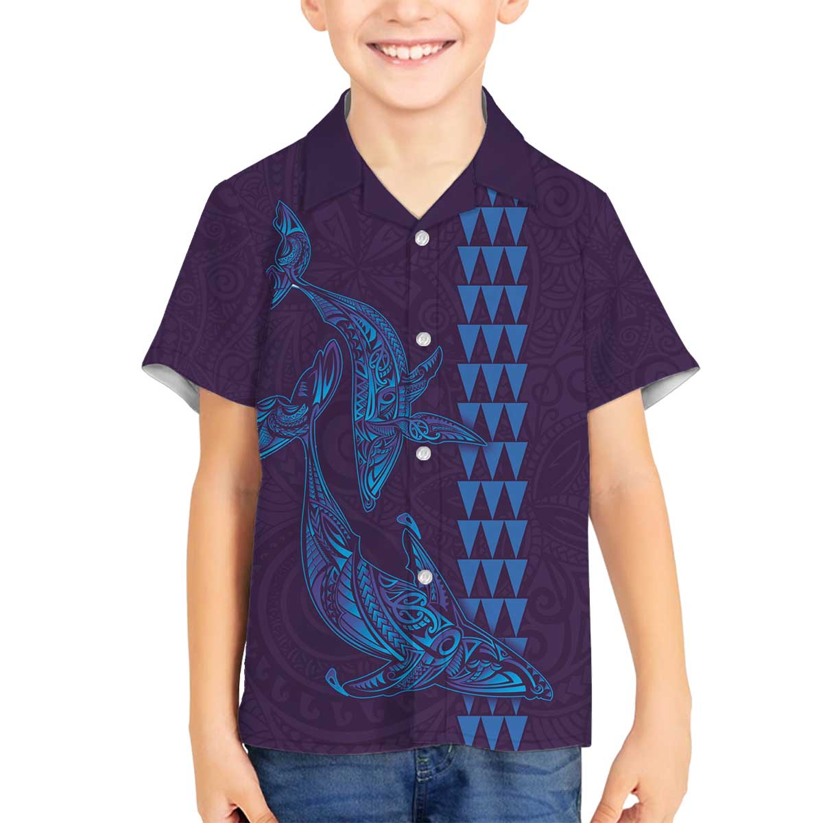 Aloha Hawaii Whale Kakau and Polynesian Tattoo Family Matching Puletasi and Hawaiian Shirt Purple Color LT03 Son's Shirt Purple - Polynesian Pride