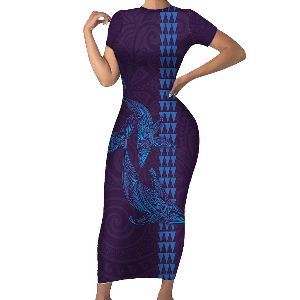 Aloha Hawaii Whale Kakau and Polynesian Tattoo Family Matching Short Sleeve Bodycon Dress and Hawaiian Shirt Purple Color