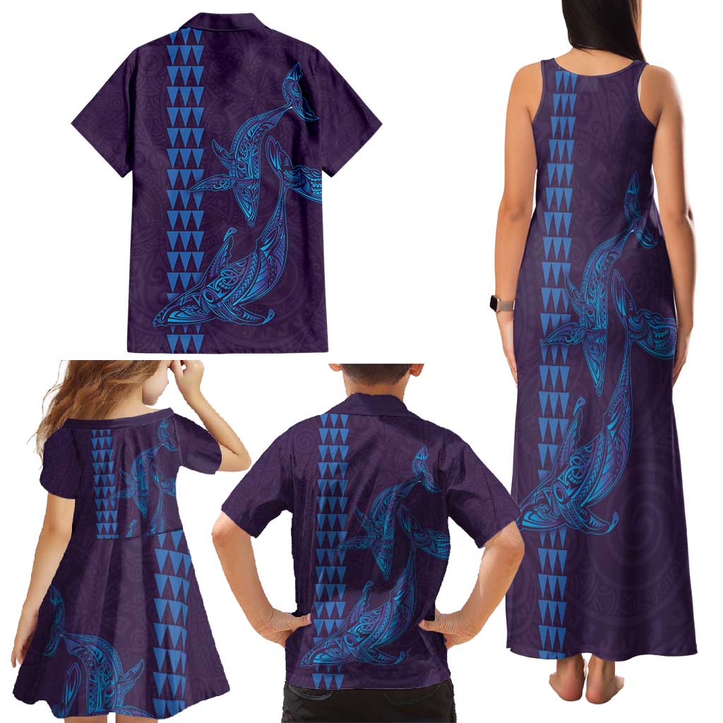 Aloha Hawaii Whale Kakau and Polynesian Tattoo Family Matching Tank Maxi Dress and Hawaiian Shirt Purple Color