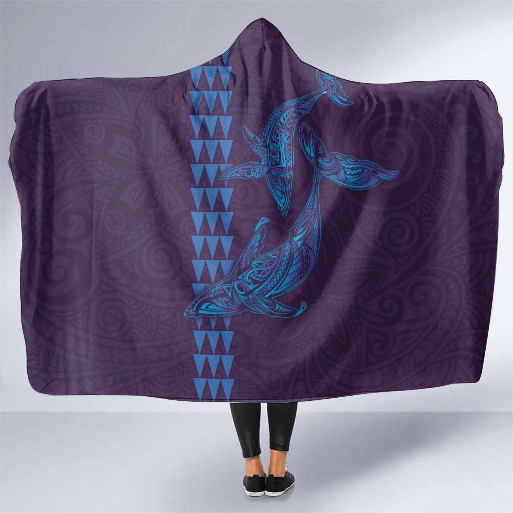 Aloha Hawaii Whale Kakau and Polynesian Tattoo Hooded Blanket Purple Color