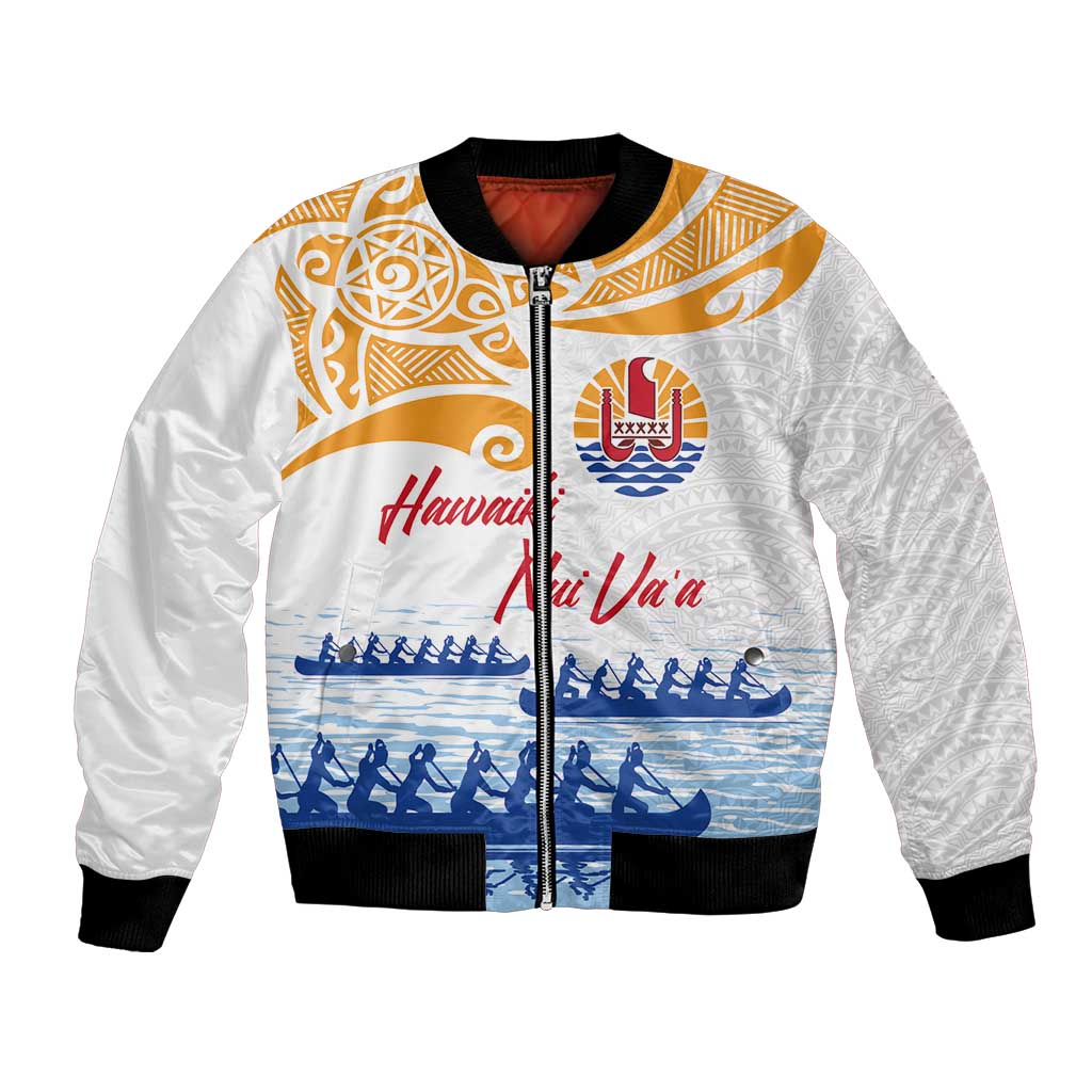 Personalised Hawaiki Nui Va'a French Polynesian Pattern Bomber Jacket White Color LT03 Unisex White - Polynesian Pride