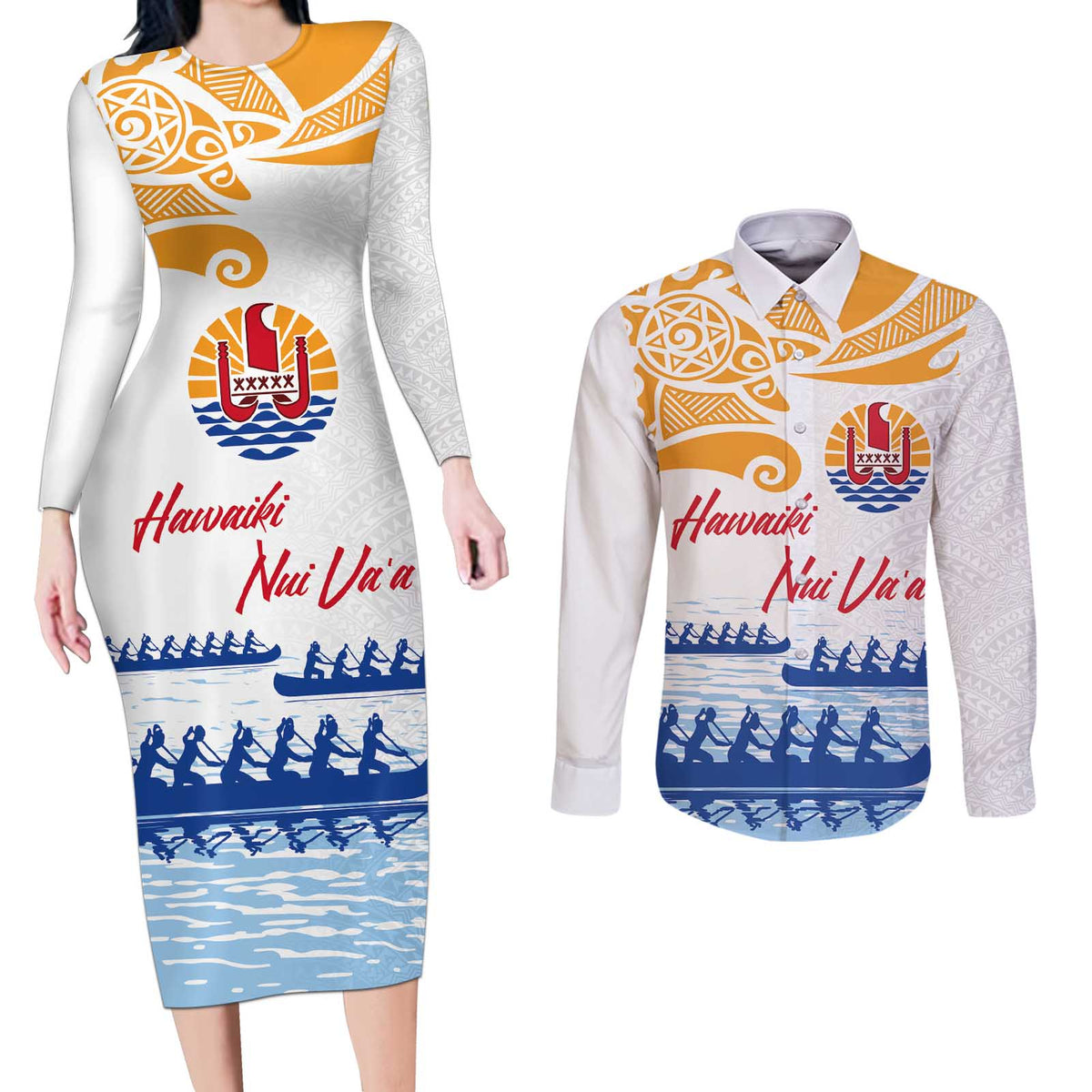 Personalised Hawaiki Nui Va'a French Polynesian Pattern Couples Matching Long Sleeve Bodycon Dress and Long Sleeve Button Shirt White Color