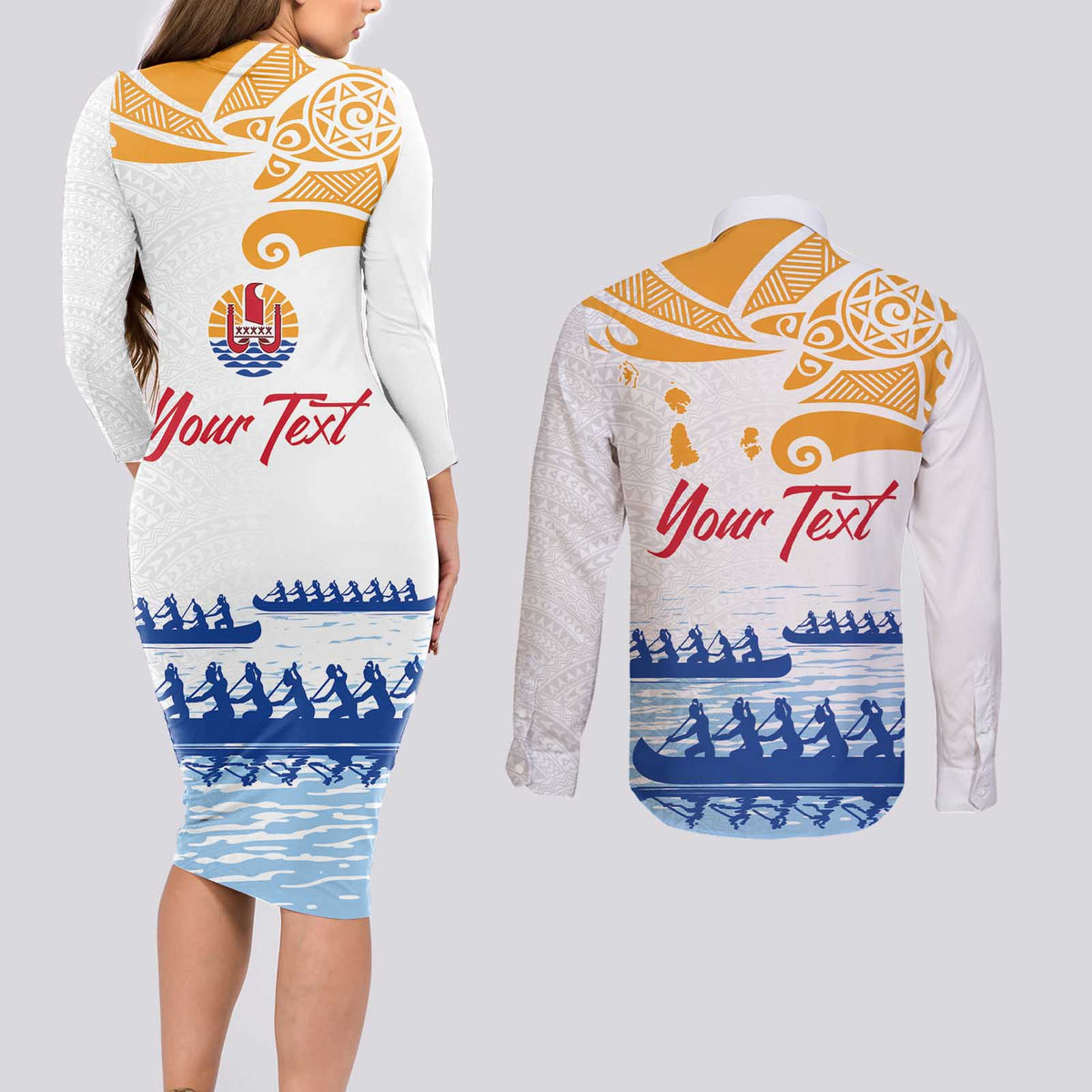 Personalised Hawaiki Nui Va'a French Polynesian Pattern Couples Matching Long Sleeve Bodycon Dress and Long Sleeve Button Shirt White Color