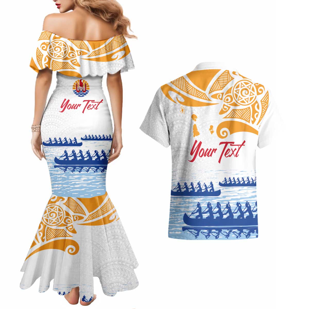 Personalised Hawaiki Nui Va'a French Polynesian Pattern Couples Matching Mermaid Dress and Hawaiian Shirt White Color